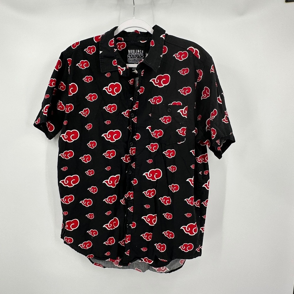 BoxLunch Naruto Shippuden Akatsuki Red Cloud Button Up Shirt Mens Size XL Black